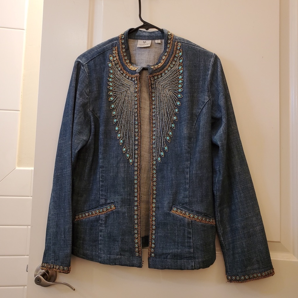 CHICO'S Dark Stretch Denim, Turquoise and Brass-Beads Jacket - Picture 2 of 4